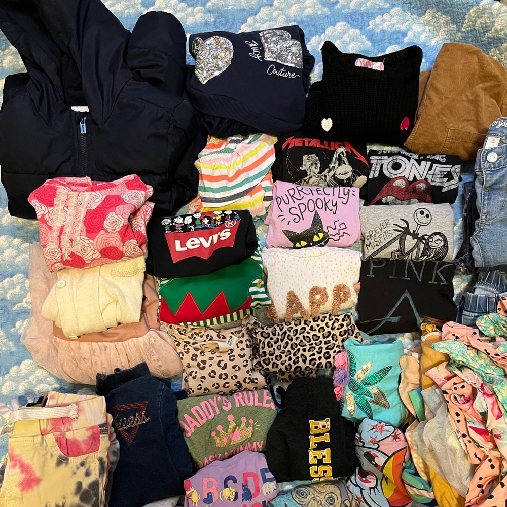 Bundle of shirts, tshirts, sweaters, bottoms, dresses and a jacket.